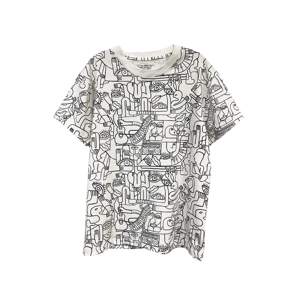 White t-shirt with black abstract line drawings covering its entire surface.