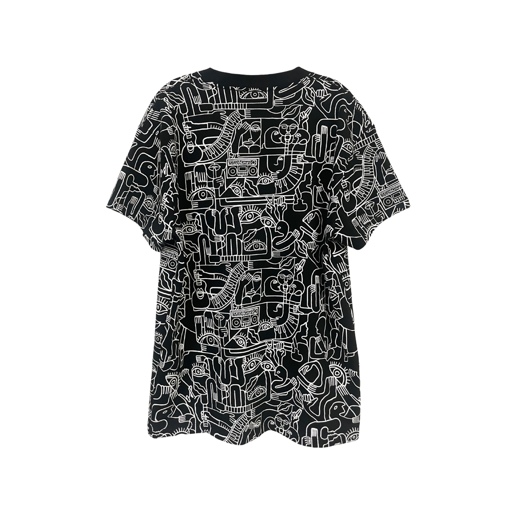 Black t-shirt with white abstract line art pattern covering the entire garment.