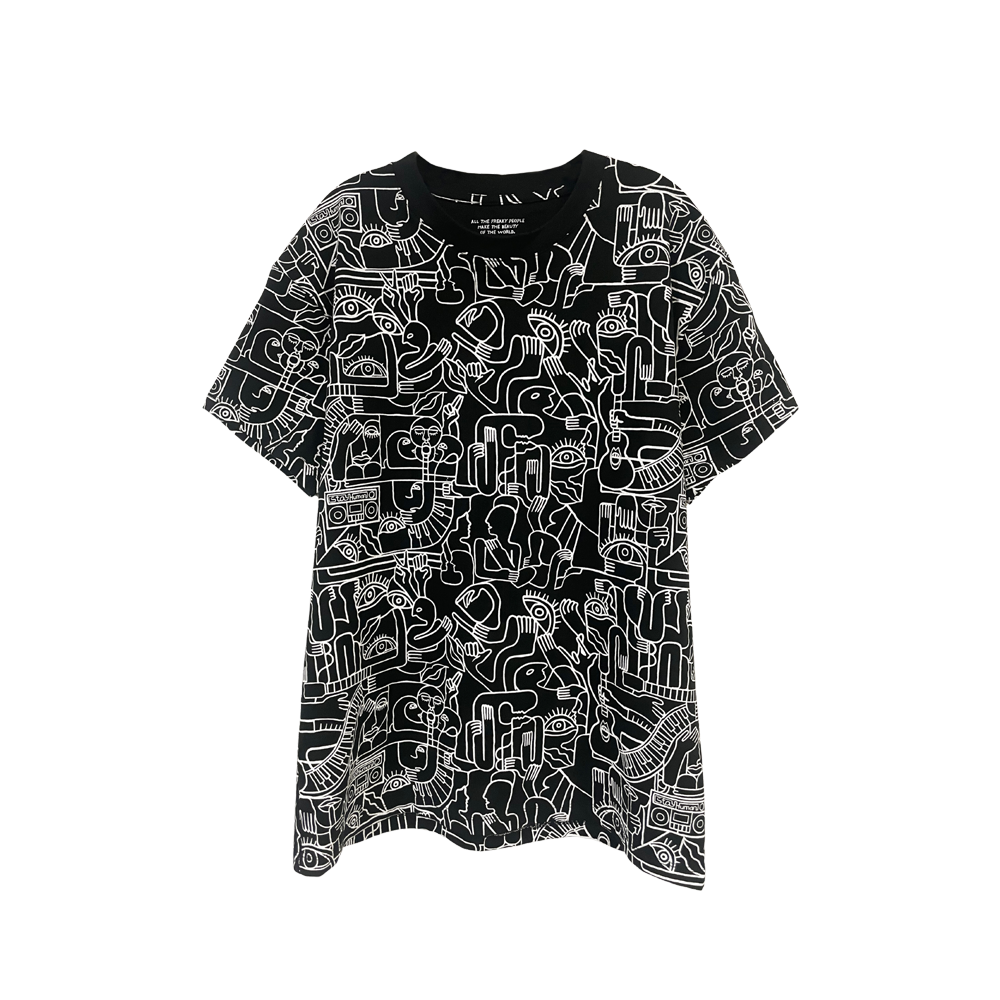 Black t-shirt with white abstract line art pattern covering the entire garment.