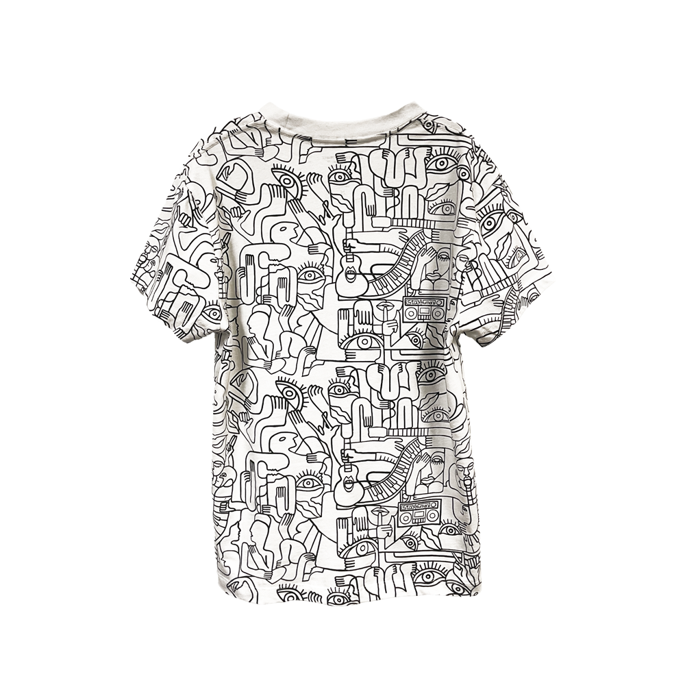 White t-shirt with black abstract line drawings covering its entire surface.
