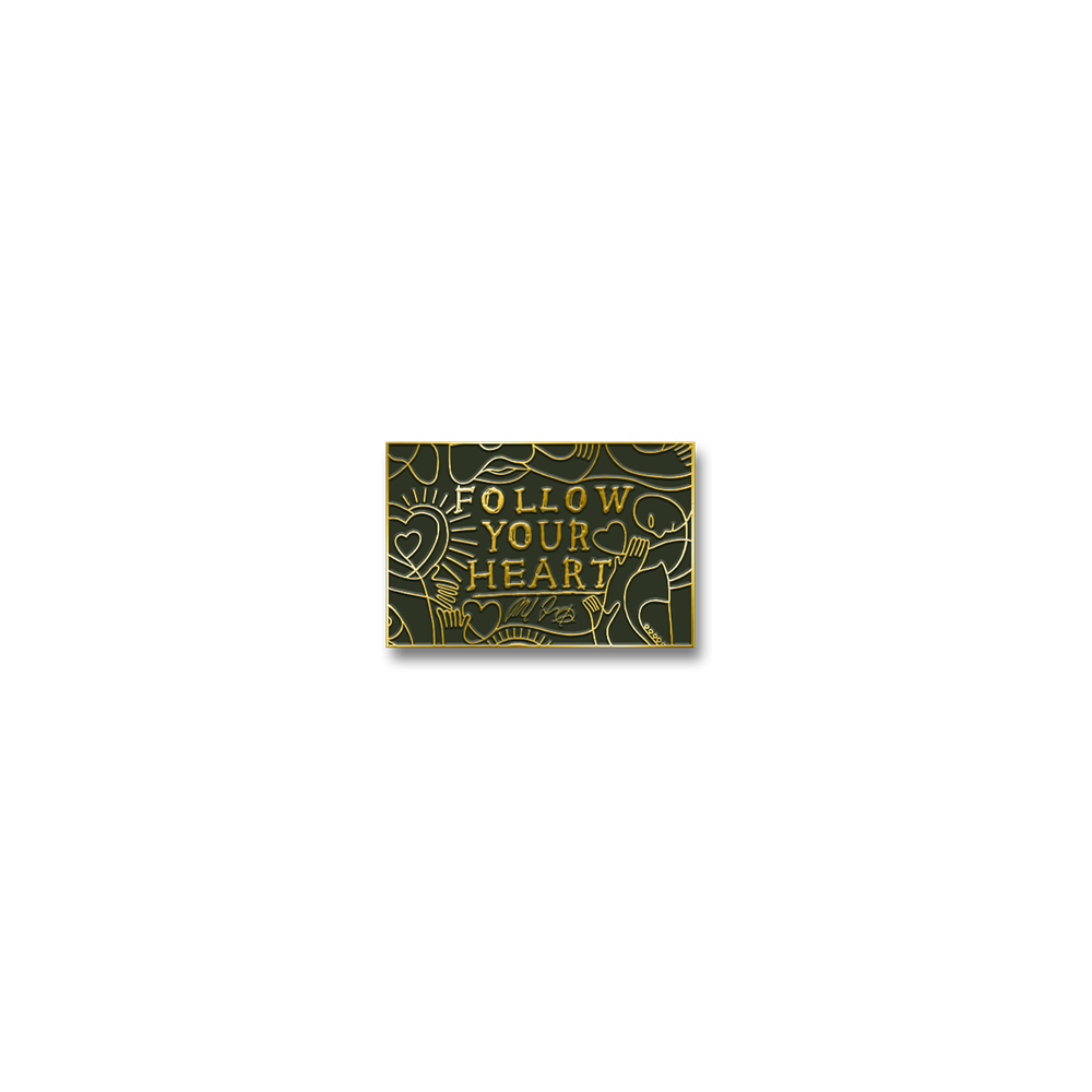 Decorative sign with the text ’FOLLOW YOUR HEART’ surrounded by doodle-style illustrations.