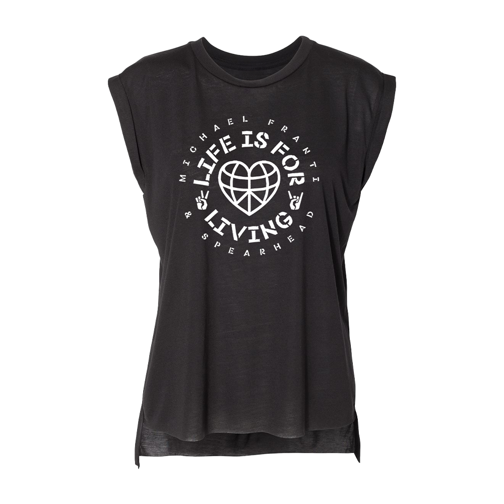 Black sleeveless t-shirt with white text and a heart-globe logo design.