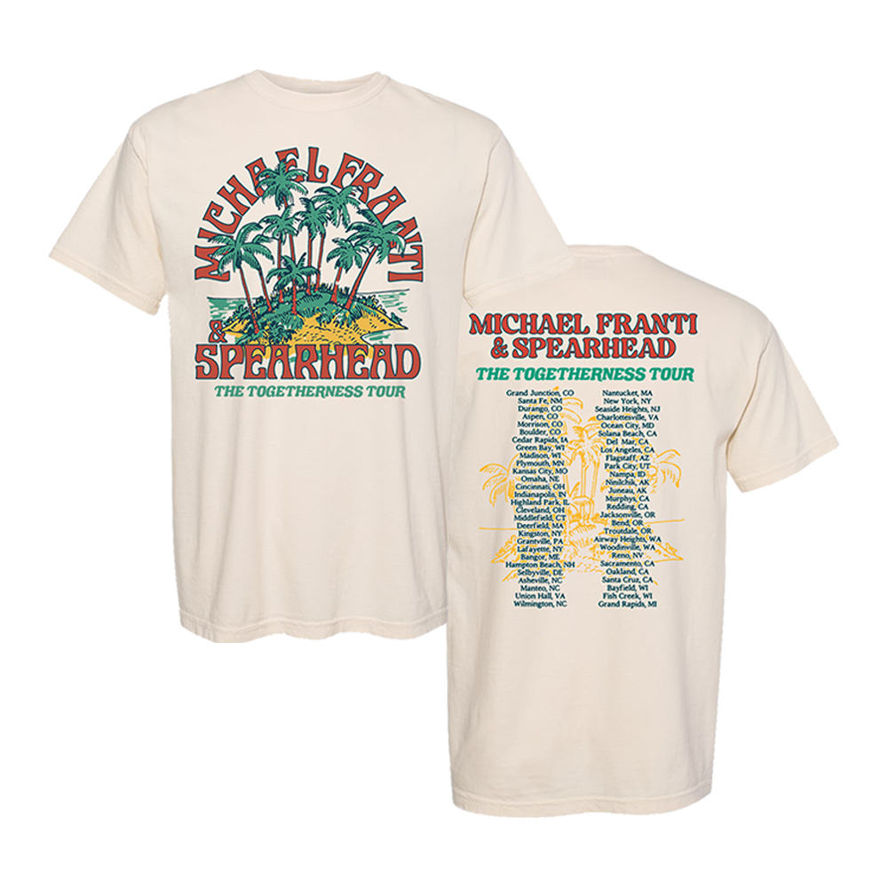 Concert tour t-shirt for Michael Franti & Spearhead’s ’The Togetherness Tour’ featuring a tropical palm tree design on the front and tour dates on the back.
