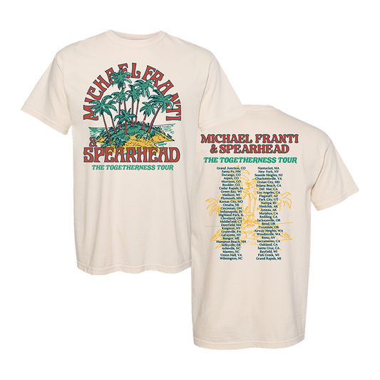 Concert tour t-shirt for Michael Franti & Spearhead’s ’The Togetherness Tour’ featuring a tropical palm tree design on the front and tour dates on the back.