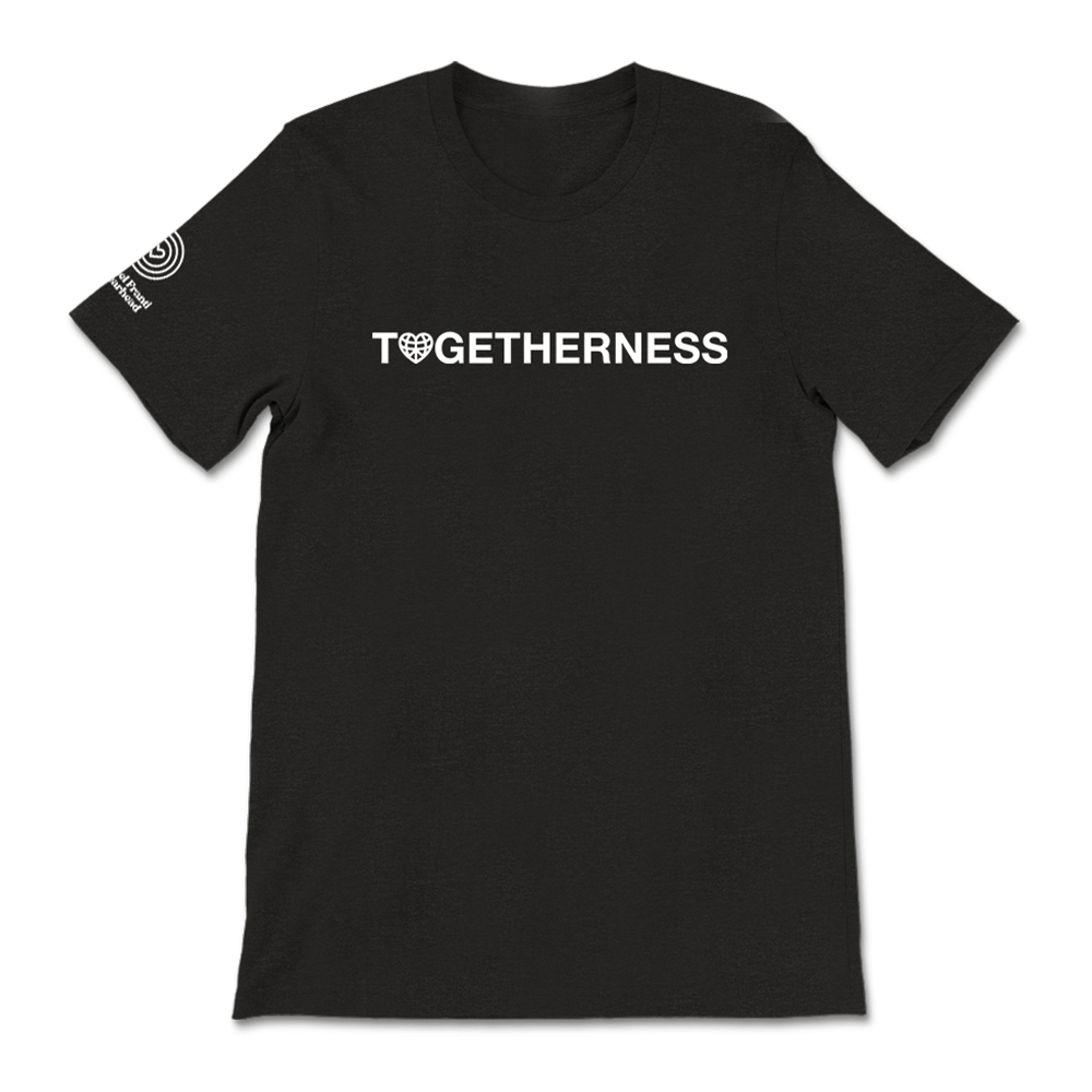 Black t-shirt with ’TOGETHERNESS’ printed in white text on the front.