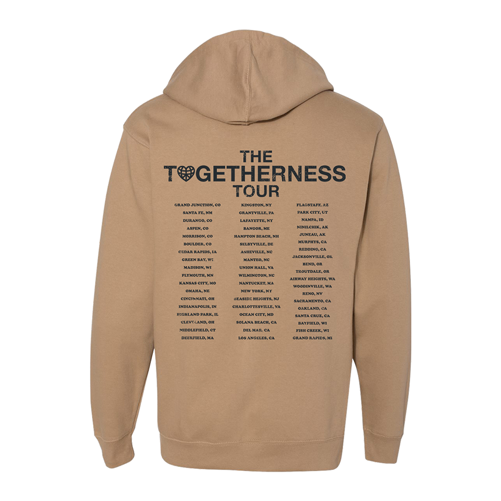 Tan hoodie sweatshirt with ’The Togetherness Tour’ and a list of cities printed on the back.