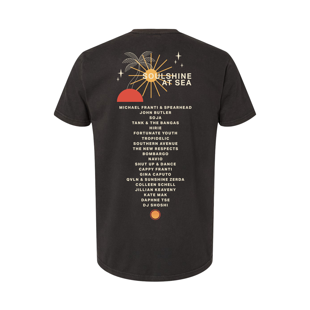 Black t-shirt with a music festival lineup printed on the back.