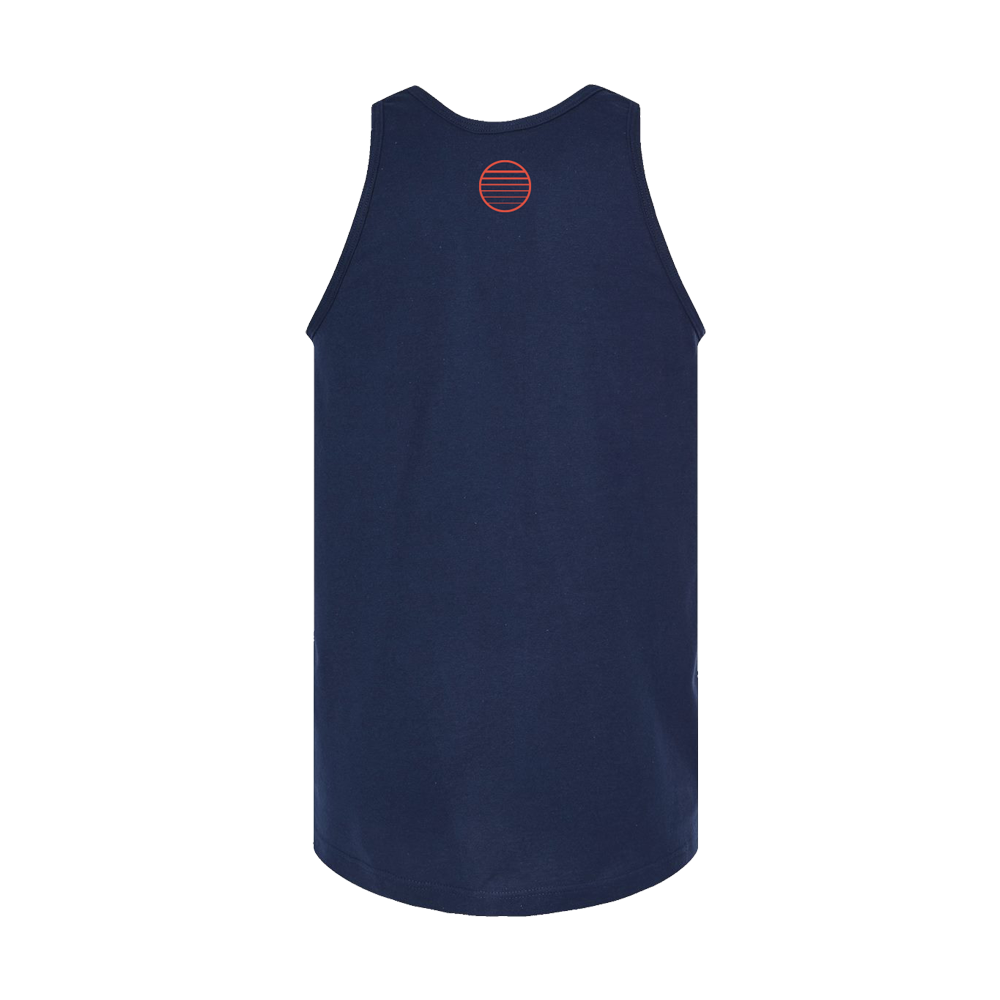 Navy blue sleeveless tank top with a small red circular logo on the upper back.