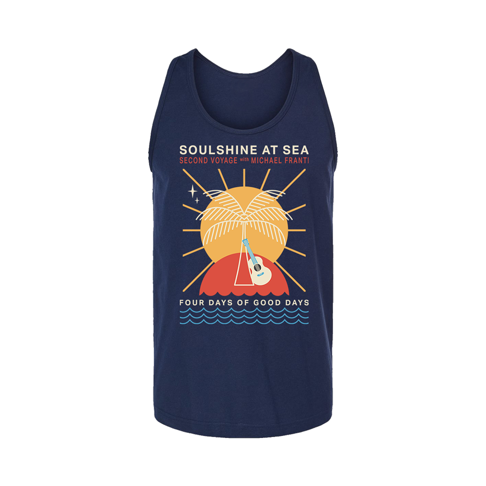 Navy blue tank top with a colorful beach-themed graphic design and text promoting ’Soulshine at Sea’ event.