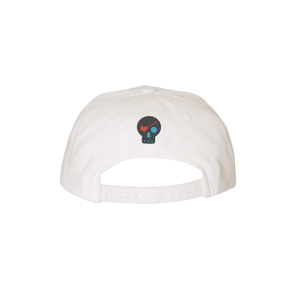 White baseball cap with a small skull logo on the back.