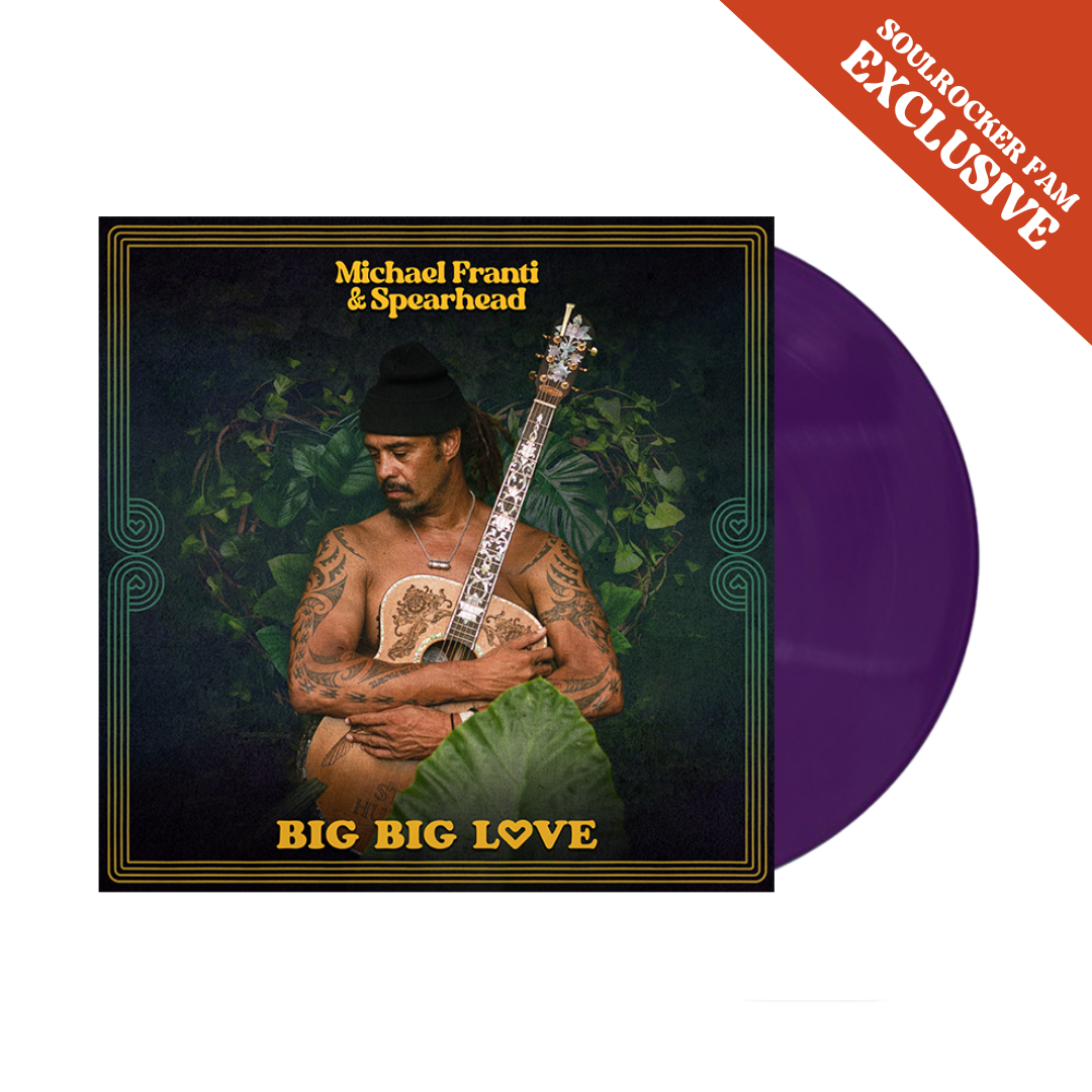 Album cover for ’Big Big Love’ by Michael Franti & Spearhead featuring a purple vinyl record.
