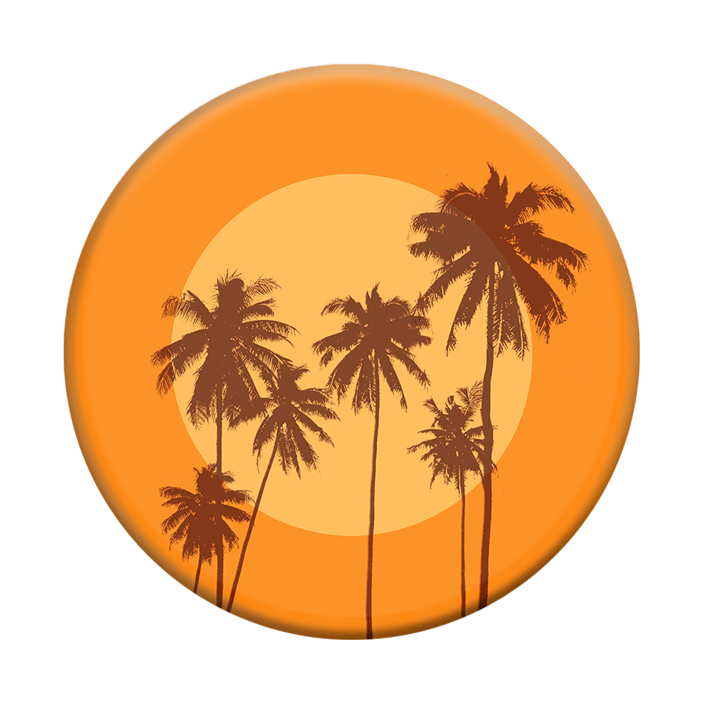 Circular button or badge featuring silhouettes of palm trees against an orange sunset sky.