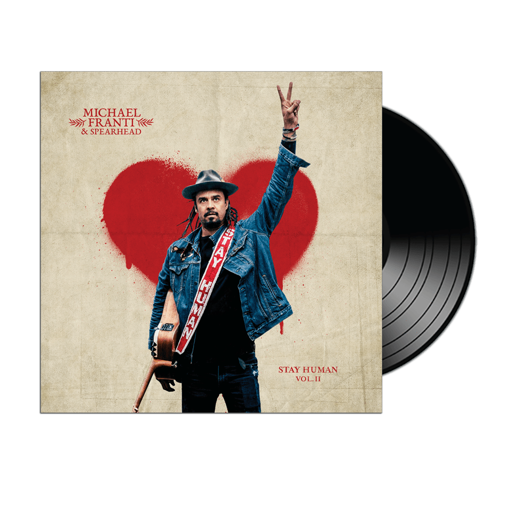 Album cover featuring a musician in a denim jacket holding a guitar against a red heart backdrop.