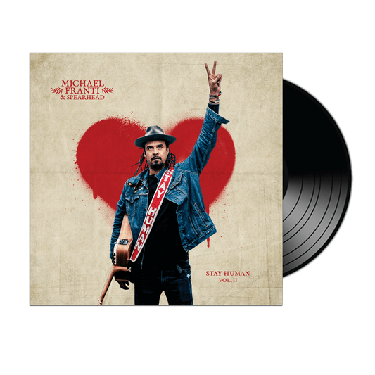Album cover featuring a musician in a denim jacket holding a guitar against a red heart backdrop.