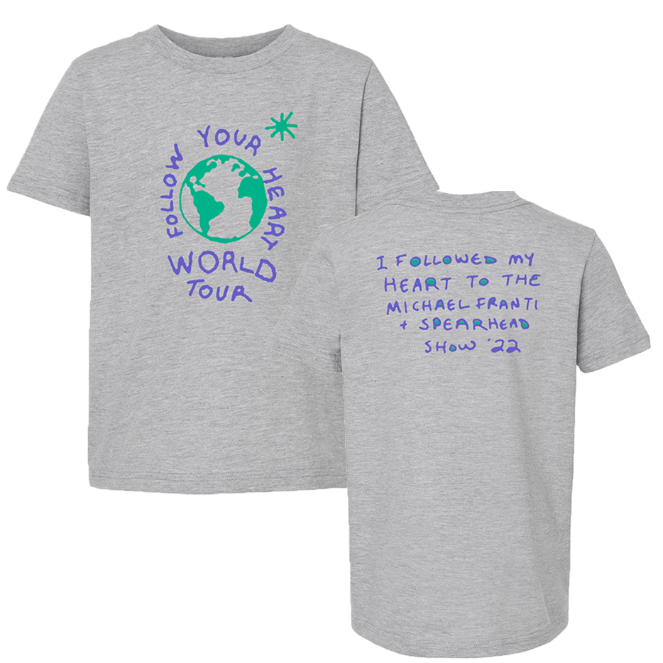 Gray t-shirt with colorful tour-related text on front and back.