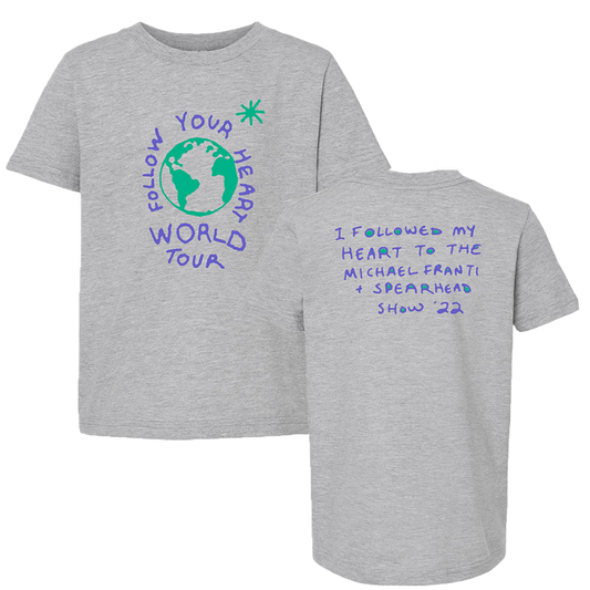 Gray t-shirt with colorful tour-related text on front and back.