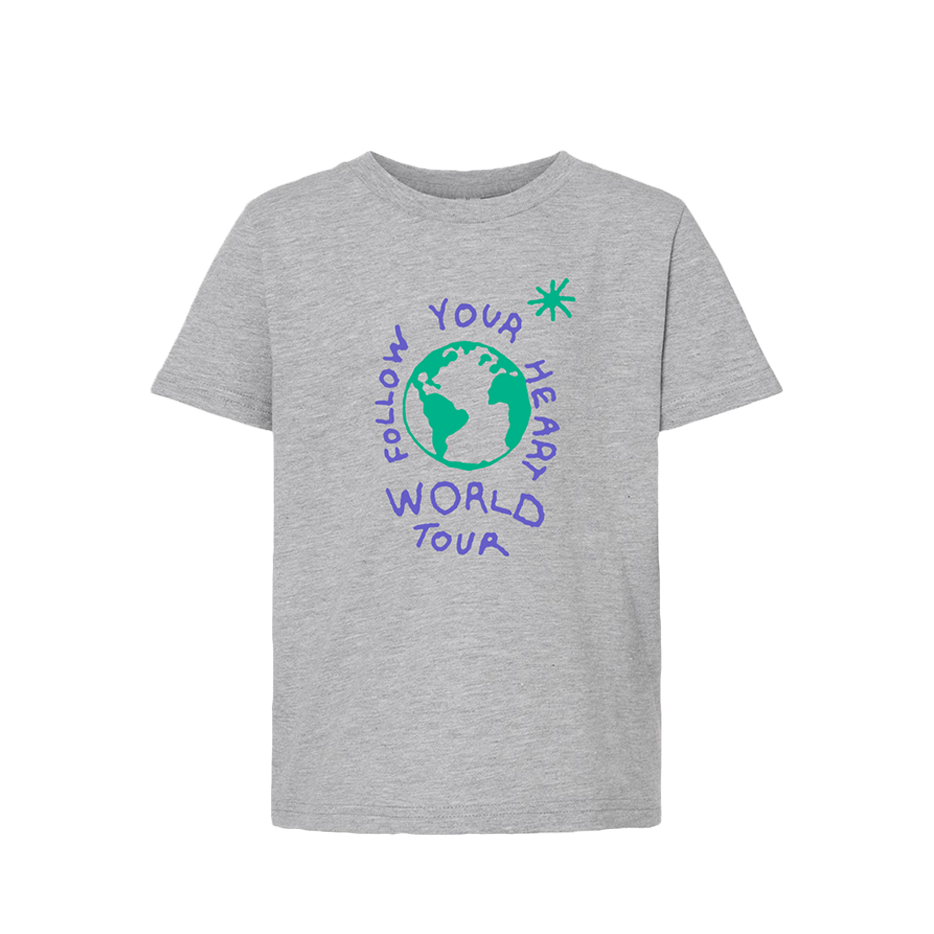 Gray t-shirt with a colorful ’Follow Your Heart World Tour’ design featuring a globe.