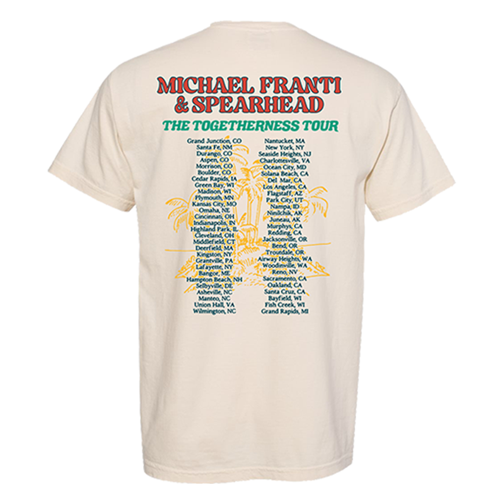 Concert tour t-shirt for Michael Franti & Spearhead’s ’The Togetherness Tour’ listing various tour locations.