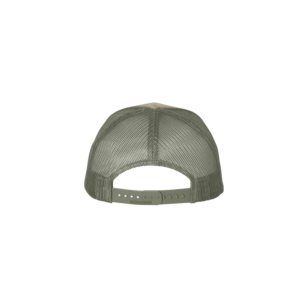 Olive green trucker-style baseball cap with mesh back and adjustable snap closure.