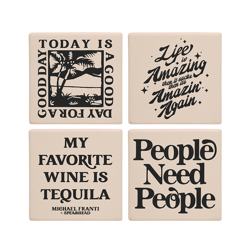 Set of four decorative coasters with different inspirational and humorous quotes printed on them.
