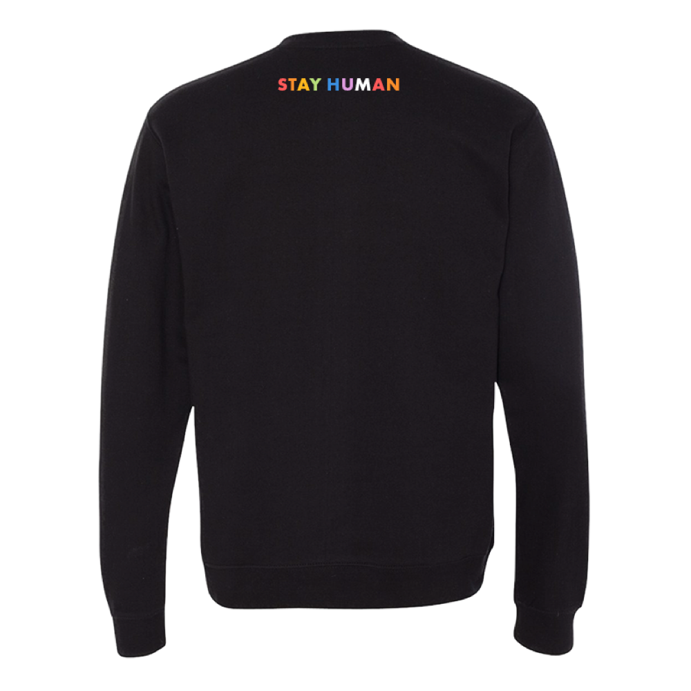 Black sweatshirt with colorful ’STAY HUMAN’ text on the upper back.