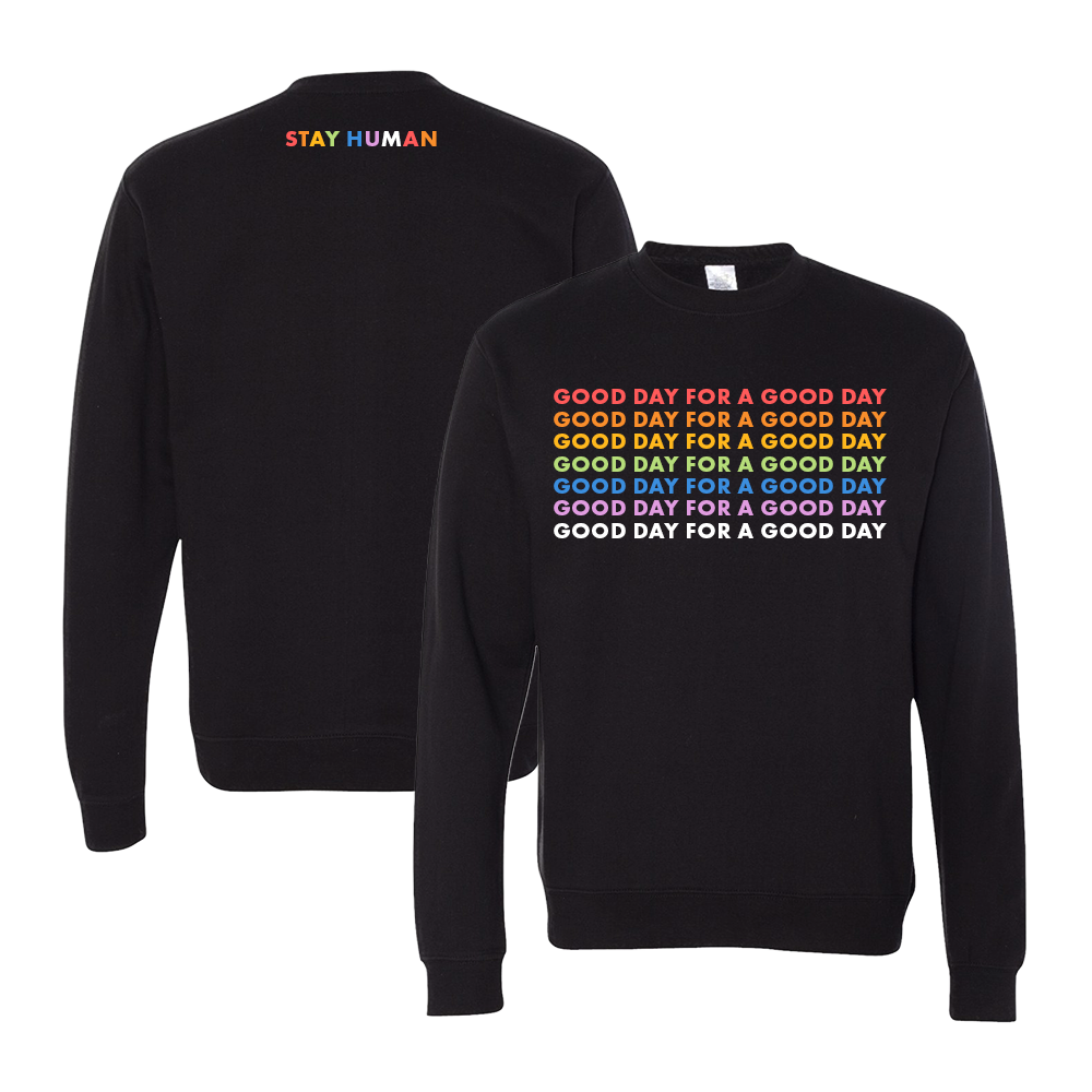 Black sweatshirt with colorful positive messages on front and back.